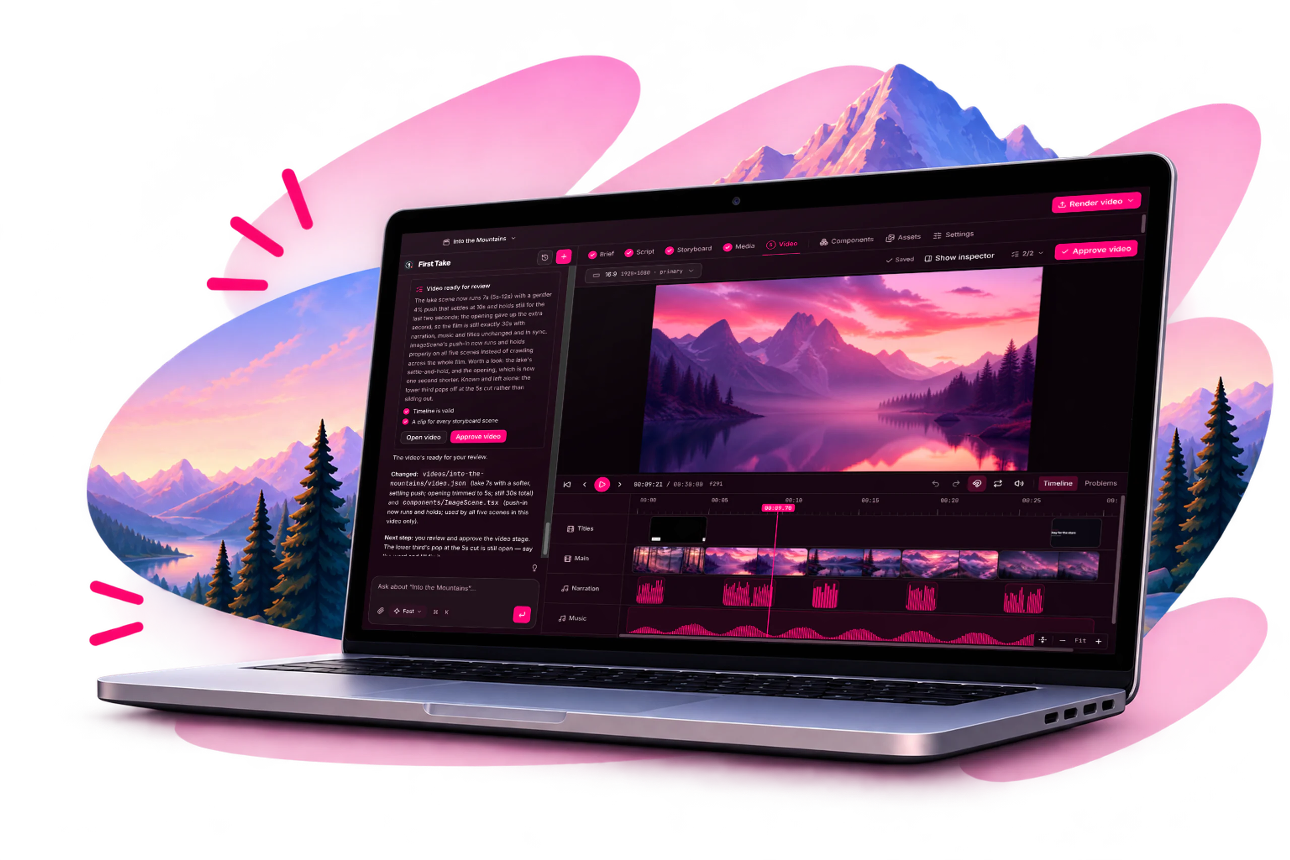 The First Take editor on a laptop in front of pink mountains and pine trees: the assistant's review notes beside the video preview and the timeline.